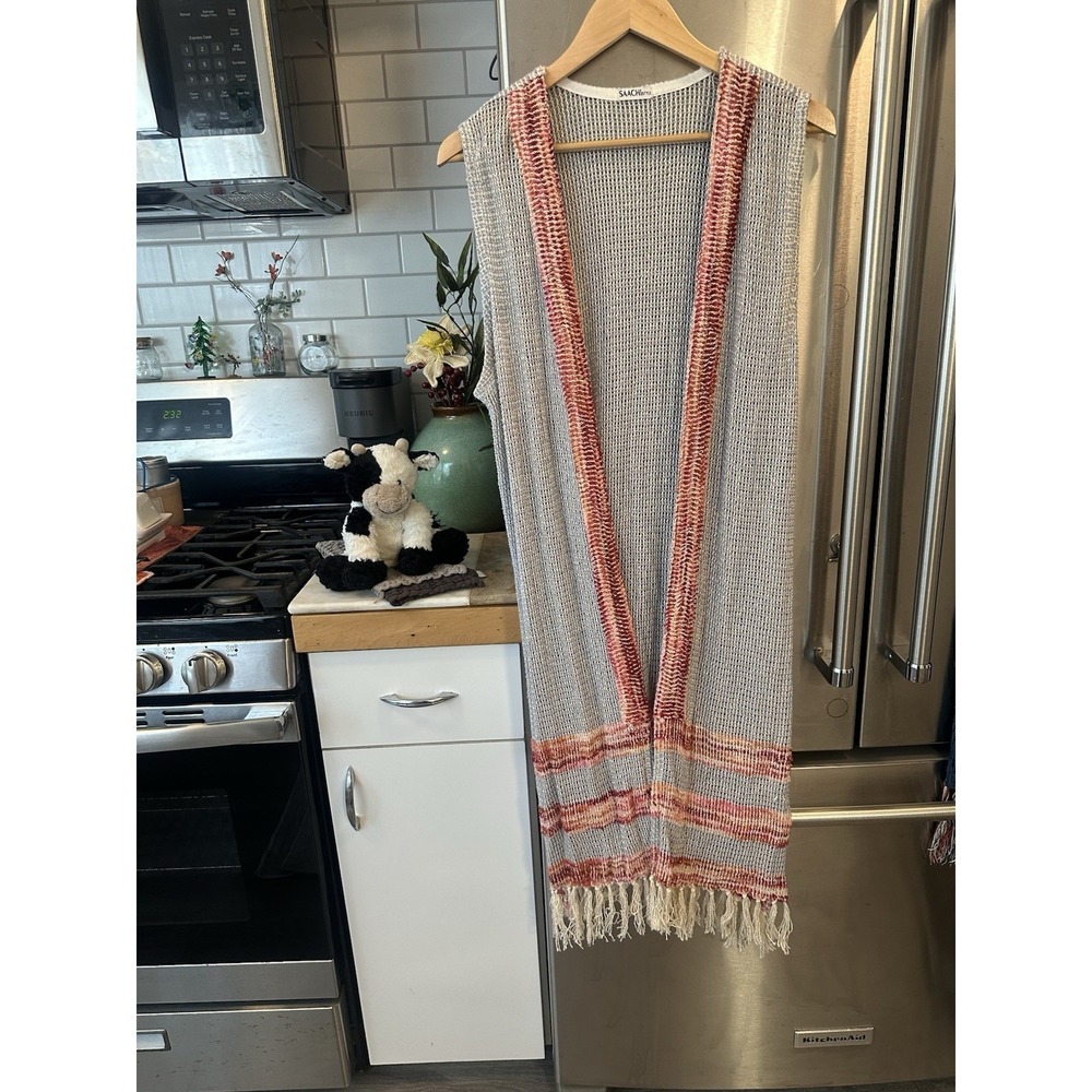 Y2k Surf Open Cardigan Knit Fringe Hem Horizontal Stripes Light Flowy